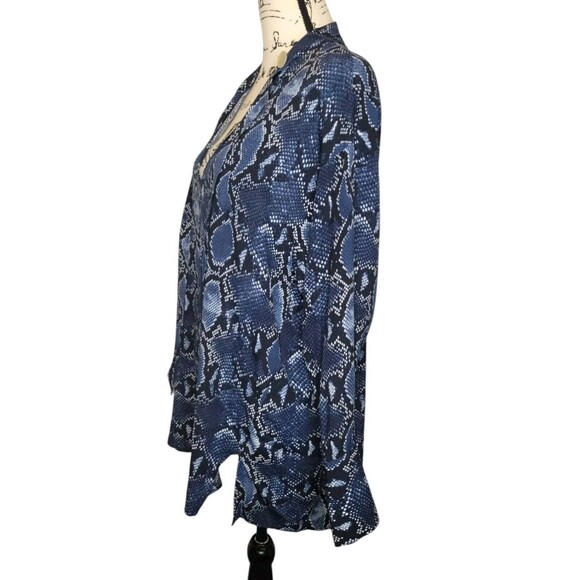 ZARA Chiffon Tunic Blouse Womens MED Blue Snake Print Scarf Tie Viscose Top Edgy - Picture 3 of 7